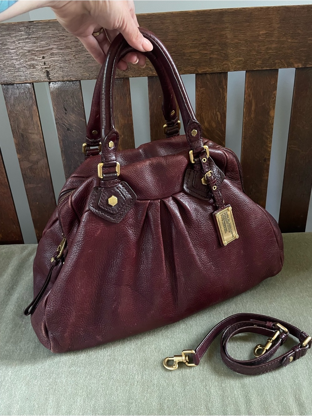 Marc by Marc Jacobs Burgundy Leather Pleated Satchel with Gold Hardware